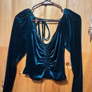 Velvet Ruched Cropped Long-Sleeve Women's Top - Deep Teal